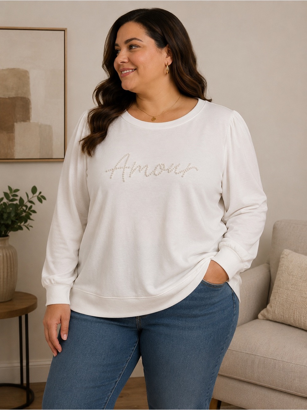 Laura Plus White “Amour” Embellished Sweatshirt – Women’s 2X | Soft Stretch